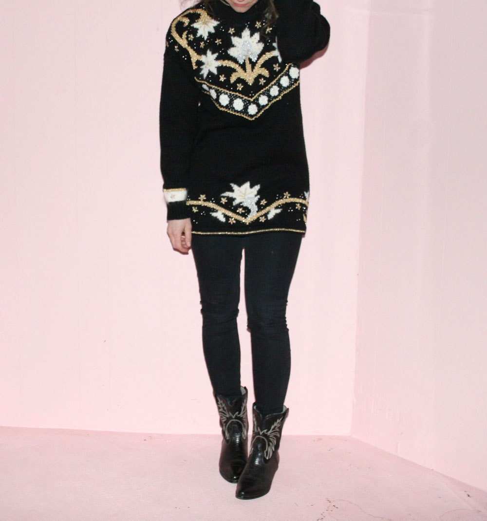 Black Sweater/ Knit/ Medium/ Gold Details