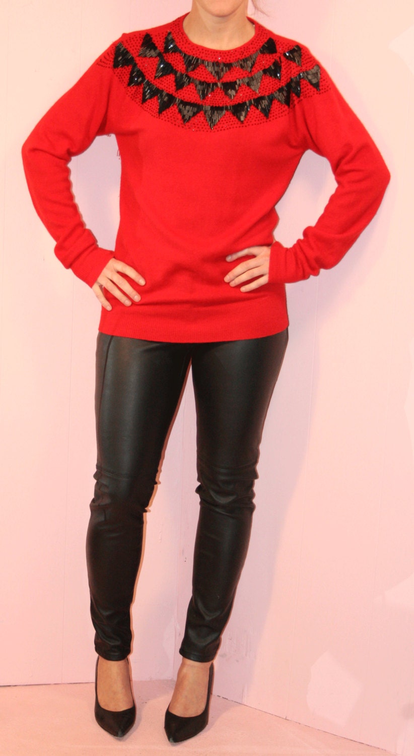 Beaded Sweater/Anne Klien/RED HOT/Medium