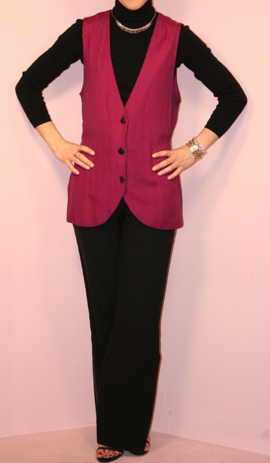 Striped Vest/Hot Pink/ 1990s/Small