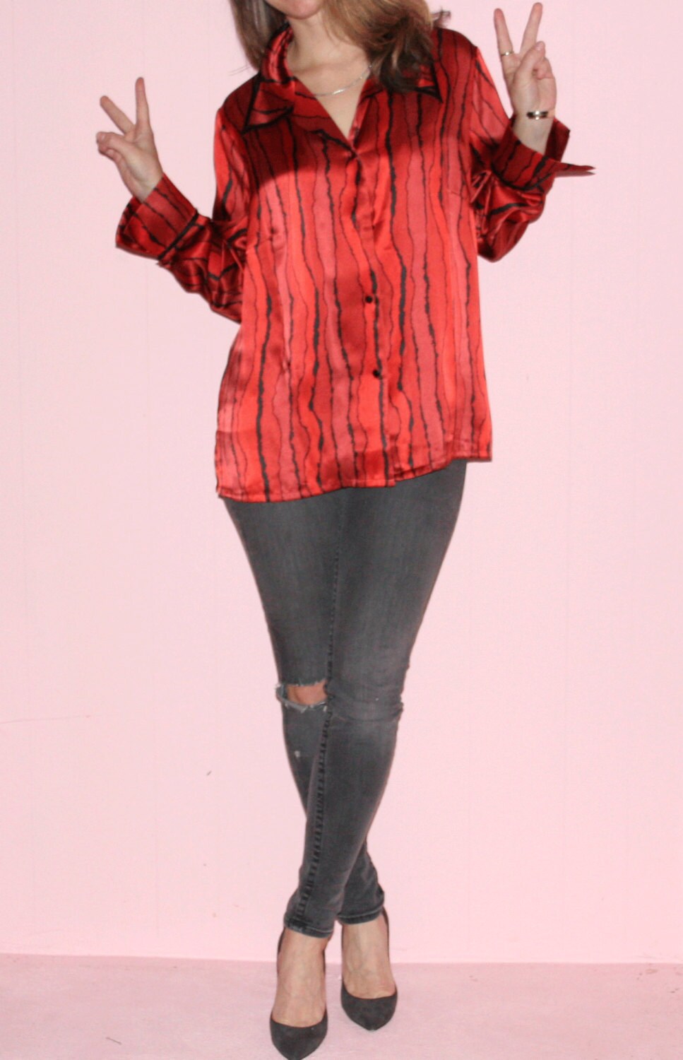 Silk Pajama/ Red Silk Blouse/ Medium