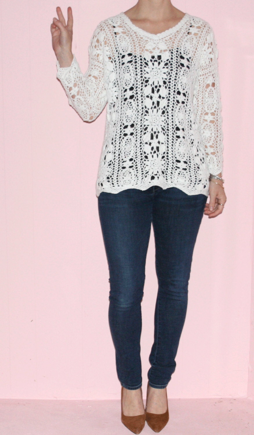 Macrame/White Sweater/Medium