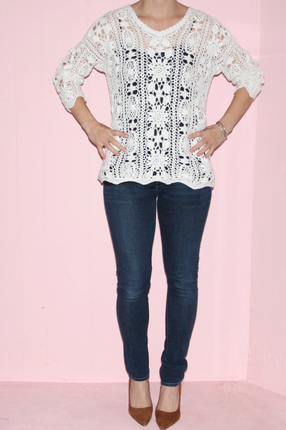 Macrame/White Sweater/Medium
