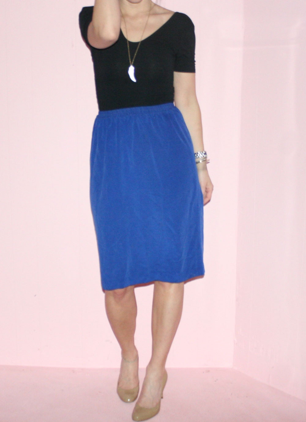 Blue Silk/Pencil Skirt/90s/Medium