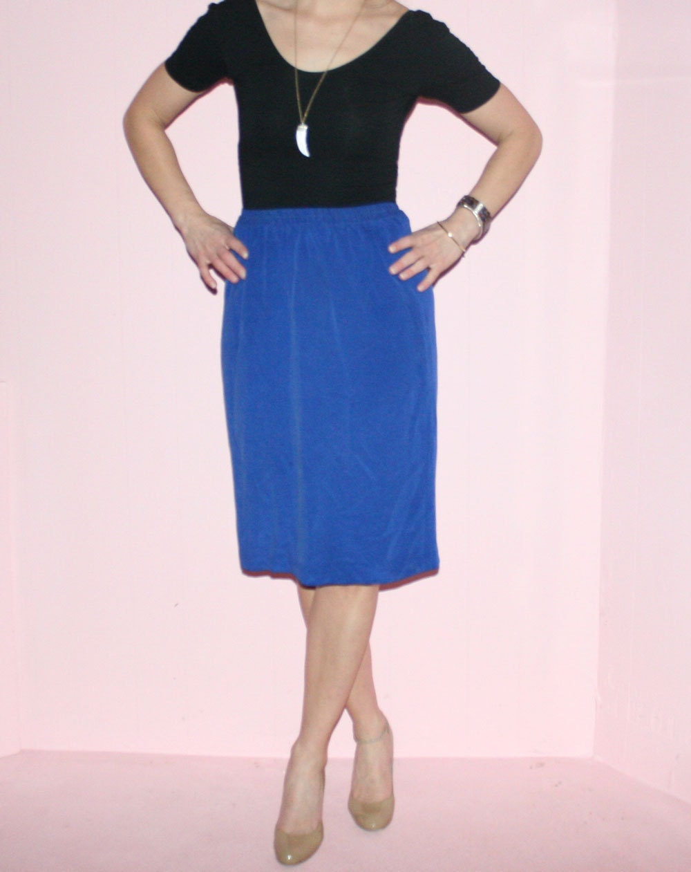 Blue Silk/Pencil Skirt/90s/Medium