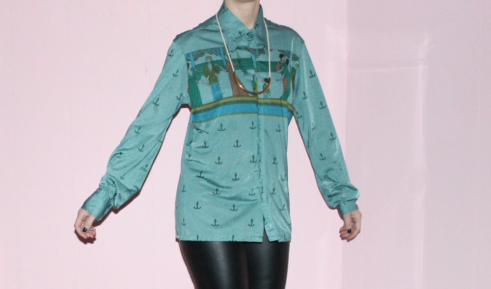 1970s Blouse/ Anchor Shirt/ Cruise/ large