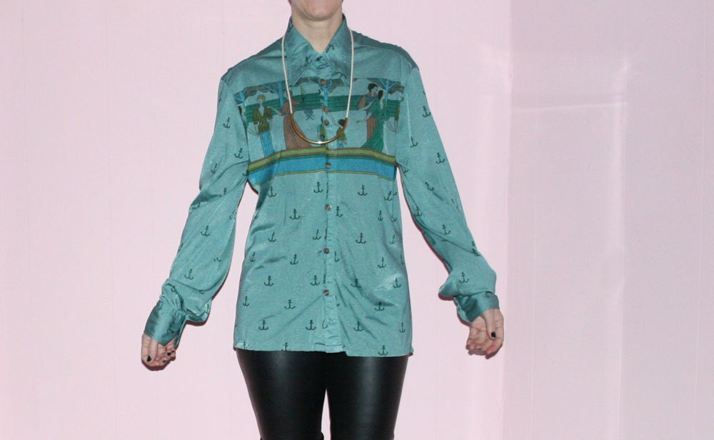 1970s Blouse/ Anchor Shirt/ Cruise/ large
