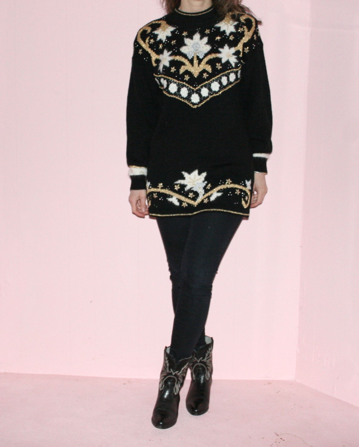 Black Sweater/ Knit/ Medium/ Gold Details