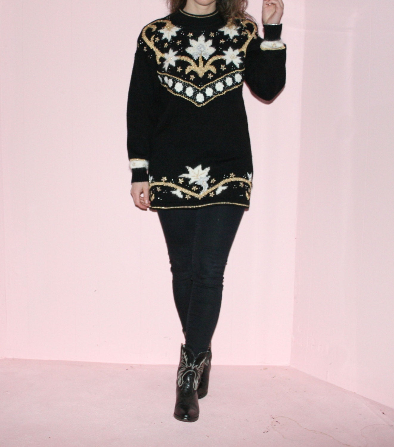 Black Sweater/ Knit/ Medium/ Gold Details