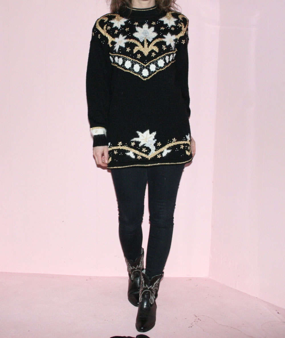 Black Sweater/ Knit/ Medium/ Gold Details