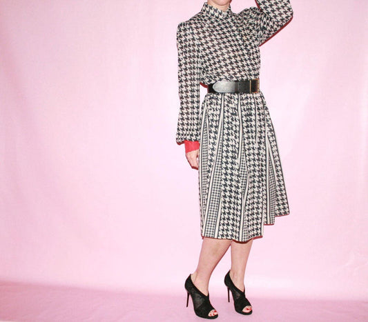 Graphic Black & White Dress with Red Sleeves