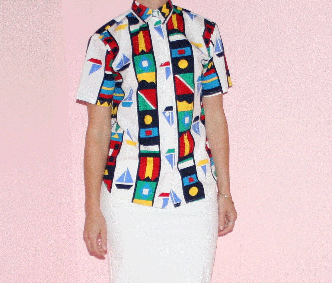 Color Block Blouse/Sailboat/ 1990s/Small
