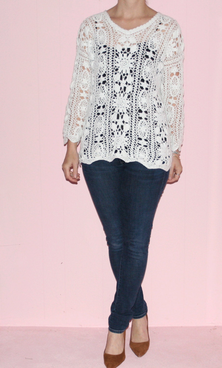 Macrame/White Sweater/Medium