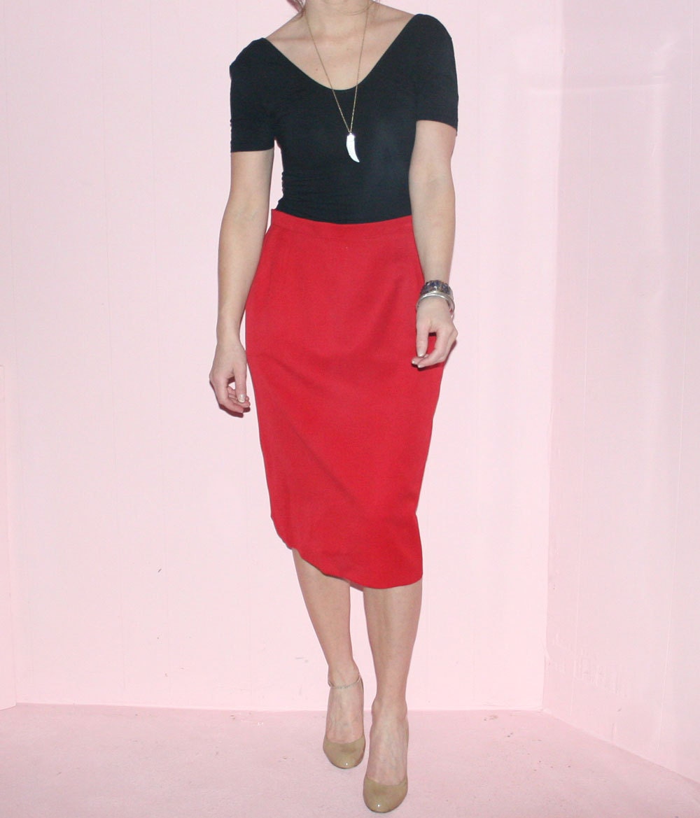 Pencil Skirt/ RED HOT/ Wool/ Large