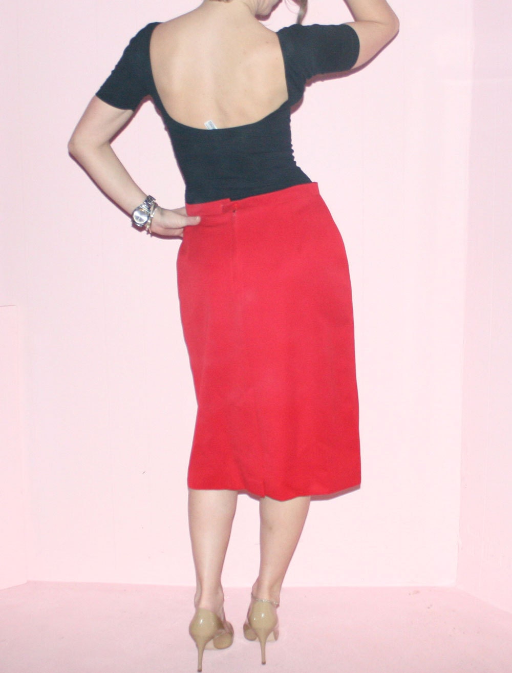 Pencil Skirt/ RED HOT/ Wool/ Large