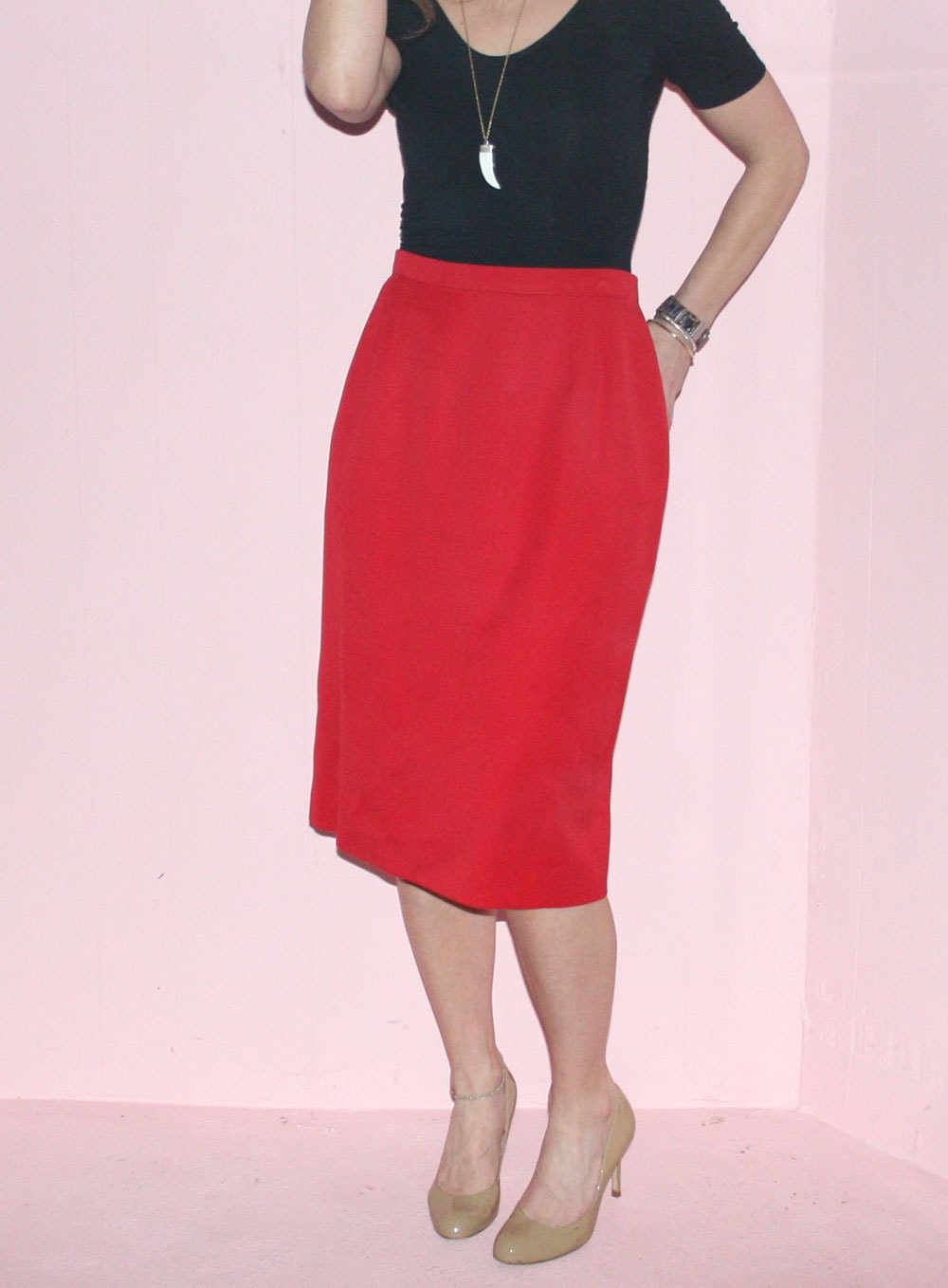 Pencil Skirt/ RED HOT/ Wool/ Large